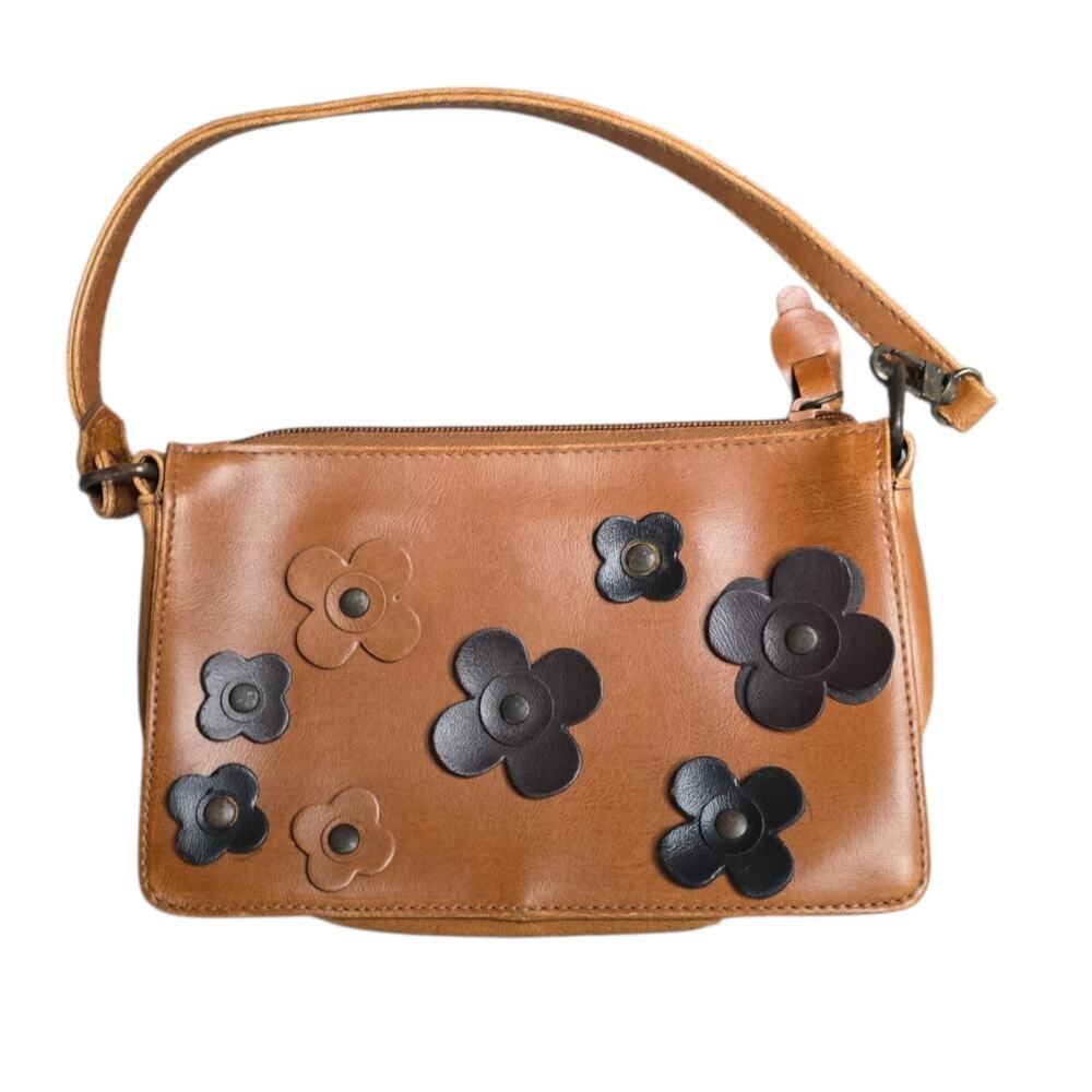 Y2K Far Nine Leather Flower Appliqué Shoulder Bag Small Tan Boho Purse Mini